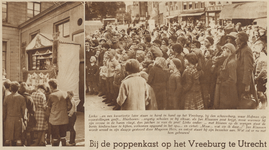 874456 Collage van 2 foto's betreffende een voorstelling van Hofmans poppenkast bij de Stadsschouwburg op het ...